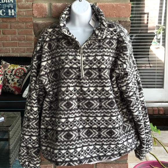 LOFT Black White Fair Isle Sherpa 1/4 Zip Soft Sweatshirt Large NWT - Picture 1 of 7